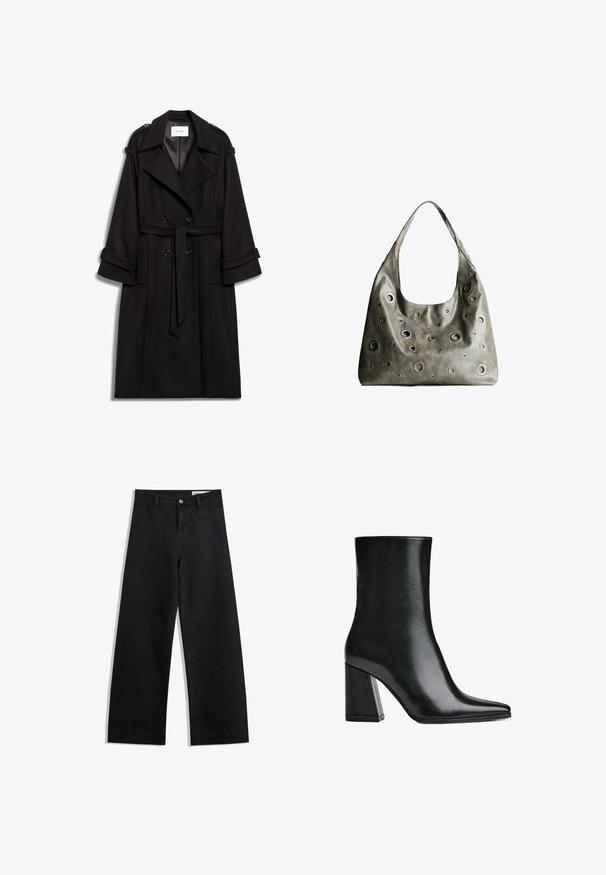 Svart ull trenchcoat med dubbelknäppt front, bälte i midjan och uppvikta ärmar. Anmärkningsvärda detaljer inkluderar axelklaffar.; Svart stickad tröja med axelbandslös halsringning, långa ärmar och ribbade muddar och nederkant. Tillverkad av mjukt, texturerat material.; Svarta vida denimbyxor med hög midja, med fram- och bakfickor, sydda sömmar och knappstängning. Slät textur.; Svart läderankelboot med spetsig tå och hög blockklack. Slät textur med en elegant silhuett och en solid basdesign.; Olivgrön läderhandväska med en avslappnad design, som har cirkulära utskärningar i olika storlekar och accenter i mörkare och ljusare nyanser.