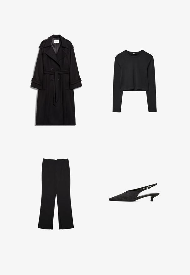 Černý vlněný trenčkot s dvojitým zapínáním, páskem v pase a ohrnutými rukávy. Mezi výrazné detaily patří ramenní epaulette.; Černý dlouhý rukáv cropped top s kulatým výstřihem, jednoduchý design a mírně zaoblený lem.; Černé kalhoty s rovným střihem, s předními kapsami a bočními rozparky na lemu. Vyrobené z jemné, hladké tkaniny. Vhodné na různé příležitosti.; Černé semišové lodičky na pásku s špičatou špičkou, skromným podpatkem a tenkým náramkem kolem kotníku s stříbrnou přezkou. Celkově hladký povrch.