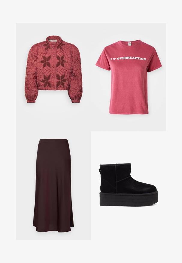 Afskåret, burgunderfarvet quiltet jakke med blomsterbroderi, rund krave og knaplukning. Har elastiske manchetter og tekstureret stof.; Mørkerød bomulds t-shirt med korte ærmer, prydet med hvid tekst, der står "Jeg ♥ OVERREAGERE" på brystet. Enkel, rund hals-design.; Burgunder satin midi-nederdel med en glat tekstur, lige pasform og en let udvidet kant. Ingen synlige mønstre eller hardware-detaljer.; Sorte suede ankelstøvler med en tyk platformsål og blødt foer. Afsluttet med stikninger og en bageste strop for nem påtagning.