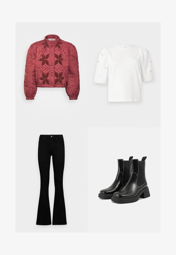 Zkrácená, bordó prošívaná bunda s květinovou výšivkou, kulatým límcem a zapínáním na knoflíky. Má elastické manžety a texturovanou látku.; Bílý bavlněný tričko s krátkými nabíranými rukávy, zdobené malými stříbrnými detaily podél rukávů. Klasický kulatý výstřih, volný střih.; Černé vysoké džíny s knoflíkem a zipovým zapínáním, předními kapsami a rozšířenými nohavicemi, ležící na bílé podložce.; Černé kožené chelsea boty s masivním podpatkem, elastickými bočními panely a kontrastním bílým prošitím. Texturovaný povrch.