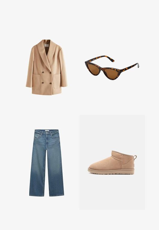 Bež kaput sa dvostrukim dugmadi, s rever kragnom, prednjim džepovima i smešnim dugmadi. Izrađen od mekanog materijala s glatkom teksturom.; Smeđi pleteni pulover s okruglim izrezom, spuštenim ramenima i rebrastim rukavima. Mekana tekstura, skraćeni dizajn i slobodan kroj.; Svijetloplave široke traperice od denima, s srednjim strukom, dva prednja džepa i klasičnim detaljima šivanja.; Bež nubuk gležnjača s okruglim vrhom, mekanom teksturom, jednostavnim dizajnom i niskim gumiranim potplatom. Ima čipku na stražnjoj strani.; Sunglasses u obliku mačjih očiju s okvirom u crno-narančastom kornjačevom uzorku, smešnim lećama i elegatnim, šiljastim vrhovima. Sadrži minimalni logo na dršci.; Tamno smeđa suede torba s čvrstim oblikom, koja ima dva gornja ručka i odvojivu traku s akcentom zlatnog tonusa na kopči.