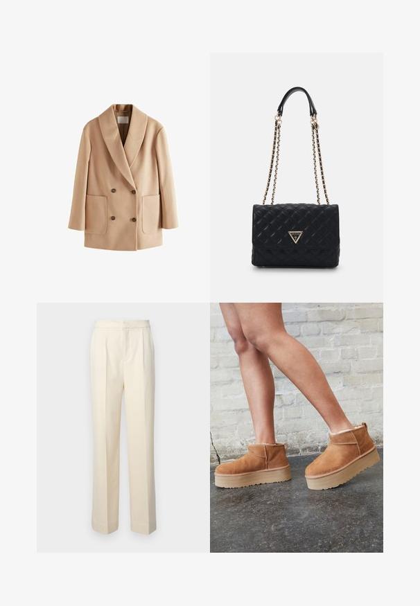 Beiger zweireihiger Mantel mit einem Reverskragen, Fronttaschen und braunen Knöpfen. Aus weichem Stoff mit glatter Textur gefertigt.; Schwarzer Rollkragenpullover aus weichem Strickstoff. Mit langen Ärmeln und einer engen Passform sowie einem geraden Saum.; Maßgeschneiderte cremefarbene Hose mit geradem Bein, ausgestattet mit vorderen Falten und einer glatten Oberfläche. Der Bund ist flach und ohne Verzierungen.; Braune Wildleder-Stiefeletten mit einem weichen Futter, dicker beige Plateau-Sohle und einer Zuglasche auf der Rückseite. Strukturiert Oberfläche mit sichtbaren Nähdetails.; Schwarze gesteppte Handtasche mit einem goldenen Dreieckslogo, ausgestattet mit einem doppelten Kettenriemen und einer glatten Lederstruktur. Rechteckige Form mit Klappenverschluss.
