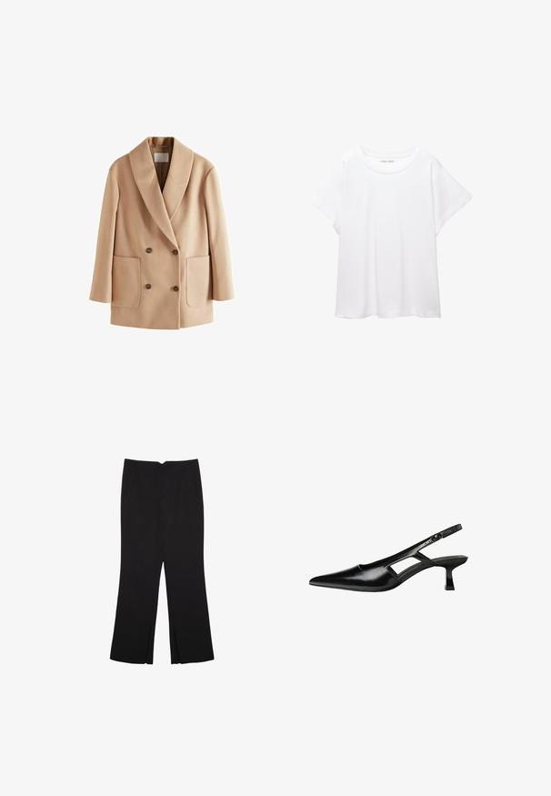 Manteau beige à double boutonnage avec un col cranté, des poches avant et des boutons marron. Fabriqué en tissu doux avec une texture lisse.; T-shirt blanc en tissu doux et léger. Il présente un col rond et des manches courtes et larges avec une coupe décontractée. Aucun motif visible.; Pantalon noir avec une coupe droite, doté de poches avant et d'éclairs sur l'ourlet. Fabriqué en tissu doux et lisse. Convient à diverses occasions.; Escarpins slingback en cuir verni noir avec un bout pointu, un design découpé sur les côtés et un petit talon carré. Texture lisse avec des accents minimaux.