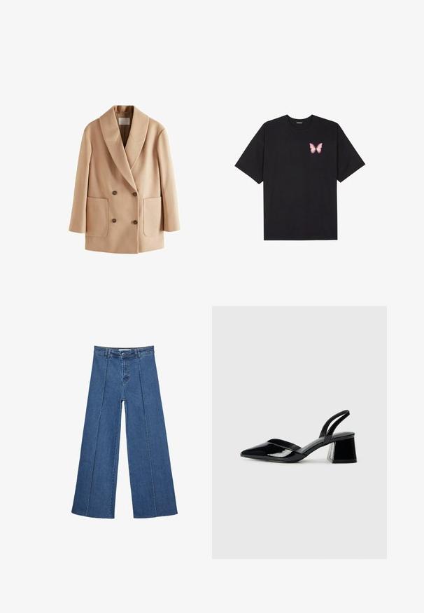 Cappotto beige doppiopetto con colletto a revers, tasche frontali e bottoni marroni. Realizzato in tessuto morbido con una superficie liscia.; T-shirt nera in cotone con maniche corte, caratterizzata da una piccola grafica di una farfalla rosa sul lato sinistro del petto. Design a girocollo con una vestibilità rilassata.; Jeans in denim a gamba larga di blu medio, con vita alta, chiusura con bottone e dettagli delle cuciture verticali a contrasto lungo la parte anteriore.; Décolleté in vernice nera con punta affusolata e tacco in geometria cubica. Presentano un design elegante e minimalista, con una texture liscia.