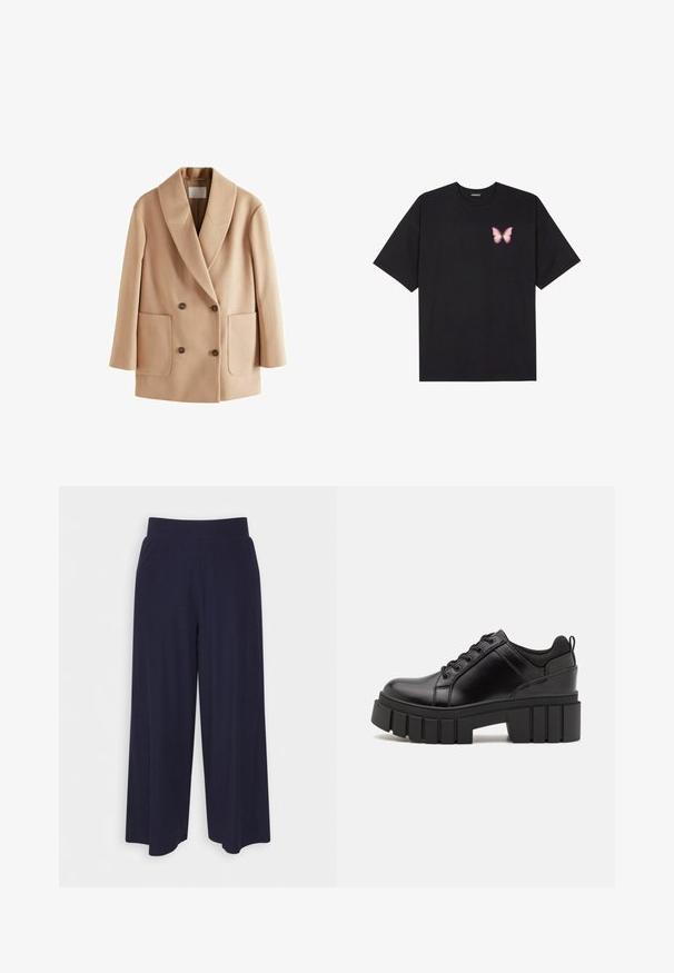 Bēšs divrindu mētelis ar izgrieztu apkakli, priekšējiem kabatām un brūniem pogām. Izgatavots no mīkstas auduma ar gludu tekstūru.; Melna kokvilnas T-krekls ar īsām piedurknēm, kuram priekšā kreisajā pusē ir neliels rozā tauriņa grafiskais attēls. Ar apaļu kaklu un brīvā stila piegriezumu.; Platas kājas bikses tumši zilā audumā ar svītrainu tekstūru. Aprīkotas ar gludu jostasvietu un plūstošu siluetu, sasniedzot vidus teļus.; Melnas ādas platformas kurpes ar masīvu bloku papēdi, apaļu purngalu un tradicionālu saistīšanas dizainu. Izceļas ar gludu tekstūru un minimālu apdari.