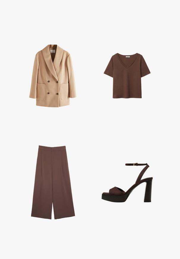 Bežový dvojradový kabát s klopovým golierom, prednými vreckami a hnedými gombíkmi. Vyrobený z mäkkého materiálu s hladkým povrchom.; Hnedé bavlnené tričko s krátkymi rukávmi a hlbokým V-výstrihom. Jednoduchý dizajn, jemná textúra a rovný lem. Bez vzorov alebo akcentov.; Hnedé nohavice so širokými nohavicami a hladkou textúrou, s vysokým pásom a prednými skladmi. Tkanina je ľahká a voľne sa pohybuje.; Hnedé semišové sandále na vysokom podpätku s otvorenou špičkou, nastaviteľným členkovým remienkom a pruhovanou platformovou podrážkou.
