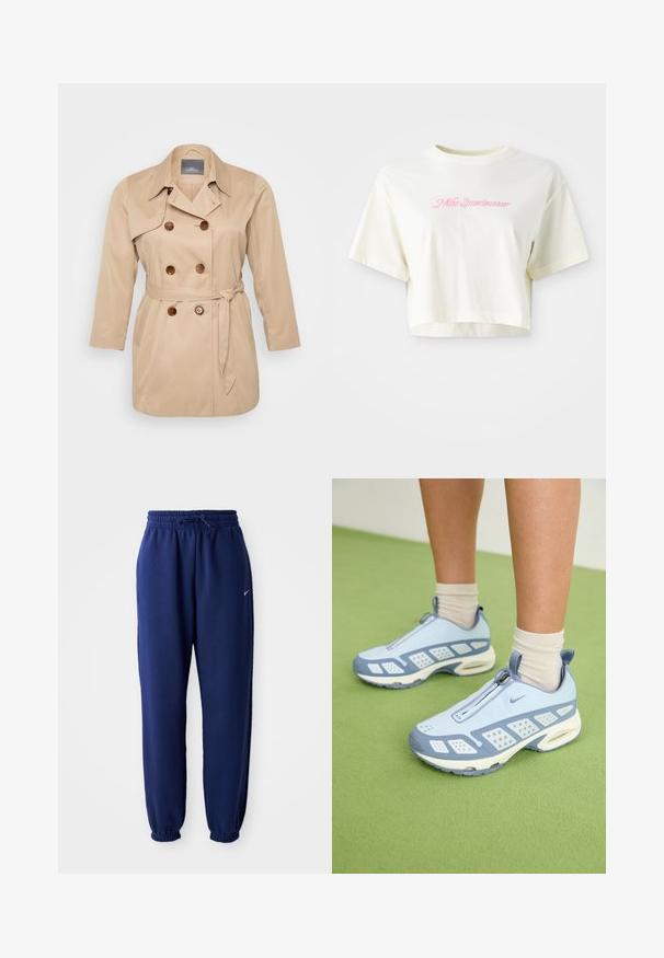 Bežs tranšejas mētelis ar divrindu dizainu, liela apkakle un brūni pogas. Aprīkots ar sasienamu jostasvietu un garām piedurknēm. Gluda auduma tekstūra.; Izgriezta, krēmkrāsas T-kreklu, kas izgatavots no kokvilnas. Piedāvā rozā izšūtu logotipu ar uzrakstu "Nike Sportwear". Īsas piedurknes un apaļa izgriezuma kakla vieta.; Navy zila sporta bikses, izgatavotas no mīksta auduma, ar elastīgu jostu ar auklu, elastīgiem piedurknēm un mazu balto logo.; Gaiši zili sporta apavi ar baltajiem akcentiem, teksturētām paneļiem un ar rāvējslēdzēja aizdari. Raksturīga redzama gaisa amortizācijas zole un gumijas zole.