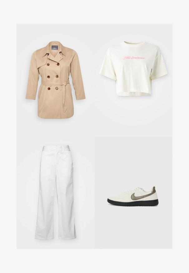 Bež trenčkot z dvobarvnim dizajnom, velikimi reverji in rjavimi gumbi. Ima zavezan pas in dolge rokave. Gladka tekstura tkanine.; Skrajšana, krema barve majica iz bombaža. Ima roza vezen logotip z napisom "Nike Sportwear." Ima kratke rokave in okroglo ovratnik.; Bele hlače širokega kroja iz bombaža, z gladko teksturo, pravim fitom, sprednjimi žepi in čistim robom.; Nike Sportswear FIELD GENERAL - Športni copati - off-white/black