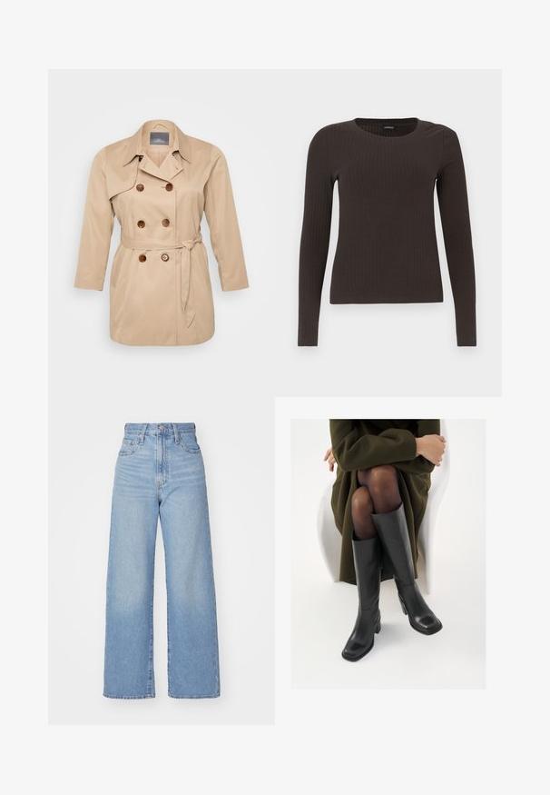 Palton bej cu un design cu două rânduri de nasturi, rever mari și nasturi maro. Are un brâu legat la talie și mâneci lungi. Textură de țesătură netedă.; Top ribbed, de culoare maronie, cu mâneci lungi și gât rotund. Fabricat dintr-un material neted și elastic, cu un croi ajustat și detalii minime.; Jeans cu talie înaltă, de culoare albastru deschis, cu croială largă, dotate cu nasture și fermoar la față, buzunare în față și spate, pe un fundal alb.; Cizme din piele neagră, până la genunchi, cu vârf pătrat și toc bloc, prezentate pe un model așezat într-o haină verde măsline. Textură netedă, detalii minime.
