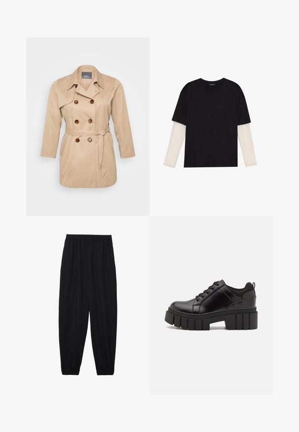Beżowy płaszcz trench z podwójnym zapięciem, dużymi klapami i brązowymi guzikami. Posiada wiązany pas i długie rękawy. Gładka tekstura materiału.; Czarny T-shirt wykonany z bawełny, z krótkimi rękawami na białej warstwie z długim rękawem z delikatnym teksturowanym wzorem. Projekt z okrągłym dekoltem.; Czarne, lekkie spodnie z elastycznym pasem i ściągaczami na kostkach. Materiał jest gładki i ma luźny, zwężany krój.; Czarne skórzane buty na platformie z masywnym słupkowym obcasem, okrągłym noskiem i klasycznym sznurowaniem. Posiadają gładką teksturę i minimalne wykończenia.