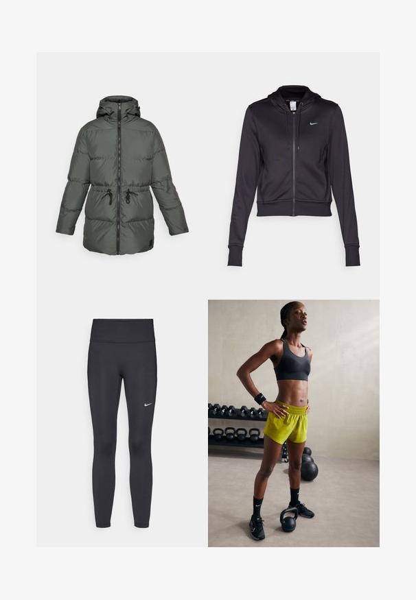Donkergroene pufferjas met een capuchon, ritssluiting, verstelbare drawstring taille en een klassiek gewatteerd ontwerp. Soepele, gestructureerde afwerking.; Zwarte zip-up hoodie van gladde stof, met een capuchon met trekkoord en een klein blauw Nike-logo op de borst. Korte ontwerp met rib gebreide mouwen.; Zwarte lang mouwen aansluitende top van gladde, rekbare stof. Heeft een ronde hals en een klein wit Nike-logo op de borst.; Zwarte legging van rekbare stof met een hoge tailleband en een wit Nike-logo op de linkerdij. Gladde textuur, aansluitend ontwerp.; Zwarte sportbeha, felgele shorts met een elastische tailleband, zwarte sportschoenen en polsbanden, staande naast kettlebells.