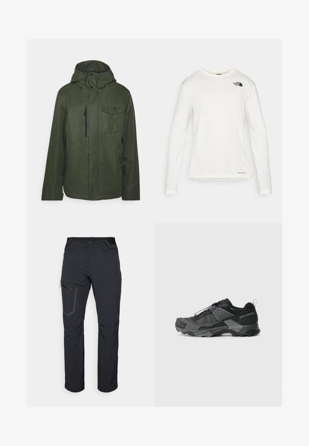Oakley CORE DIVISIONAL RC INSULATED J - Snowboardová bunda - new dark brush; Biela košeľa s dlhým rukávom a okrúhlym výstrihom, textúrovaná látka, čierne logo na ľavom pleci a nenápadné značkovanie na spodnej časti.; Čierne vonkajšie nohavice s vreckom na stehne so zipsom, elastickým pásom a hladkým, vodoodolným materiálom. Čistý dizajn bez viditeľných log. ; Čierna trailová bežecká obuv s odolným sieťovým vrchom, zosilneným špičkou, štruktúrovanou gumovou podrážkou a elastickým šnurovacím systémom pre bezpečné uchytenie.