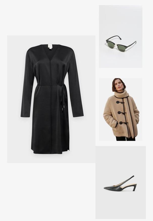 Bež kaput s krznom, visokog ovratnika, zatvoren na preklapanje i tamnosmešnim obrubima. Tkanina ima teksturiran, pahuljast izgled.; Crna haljina dugih rukava s V-izrezom, vezanjem u struku i teksturiranim materijalom. Ima ravni kroj i duljinu do koljena.; Crne cipele s izduženim vrhom i remenom oko pete, s niskom petom, izrađene od glatke kože i s izrezbarenom stranom radi prozračnosti.; Crne i zlatne naočale s zelenim staklima, u obliku mačjih očiju, s metalnim naglascima i teksturiranim okvirom.; Bež pletena torba za rame s oblikom koji se zakrivljuje i crnim rubom. Ima zatvaranje na vrhu s patentnim zatvaračem i oznaku s logotipom na prednjoj strani.