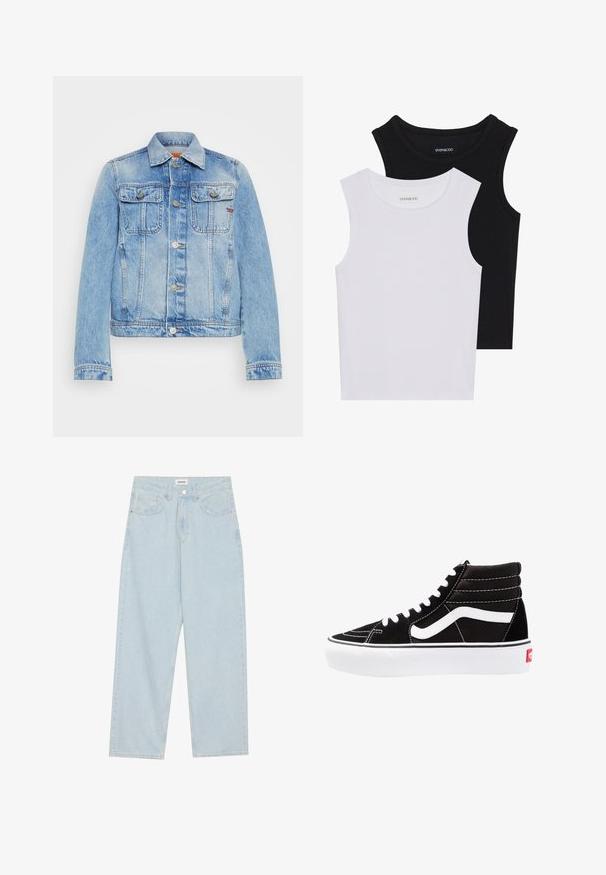 Világoskék farmerdzseki, két mellzsebbel, ezüstgombokkal, klasszikus gallérral és gombos mandzsettával. Élénk textúrával és varrási részletekkel rendelkezik.; Két ujjatlan felső fekete és fehér színben, bordás pamutból készült, kerek nyakkivágással és testhez simuló fazonnal. Mindkettőn látható címke.; Világoskék, széles lábú farmernadrág, közepes derékkal, öt zsebbel és gombos záródással, vékony fémszínű akcentussal.; Fekete magasszárú sportcipők fehér fűzővel, fehér logóval és kontrasztos fehér varrással. Vastag fehér talppal és texturált velúrból készült felsőrész jellemzi.