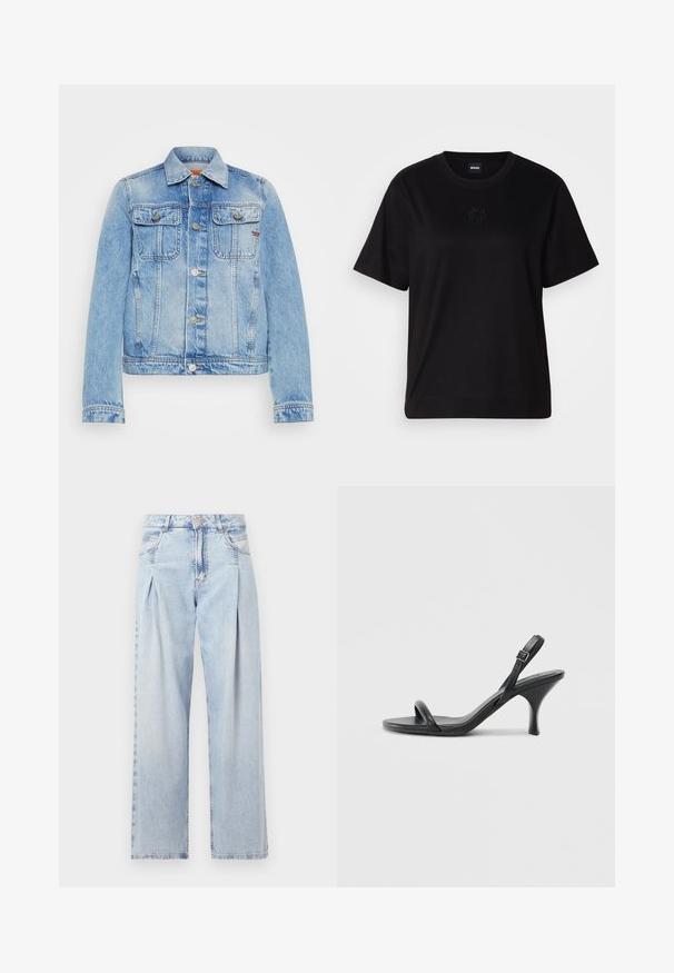 Light blue denim jacket with two chest pockets, silver buttons, a classic collar, and button cuffs. Features a faded texture and seam detailing.; Black cotton t-shirt with a crew neckline, short sleeves, and an embroidered logo on the chest. Simple, relaxed fit with no patterns.; Light blue denim jeans with a high waist, wide-leg cut, two side pockets, and pleated design feature. Soft texture with a faded finish.; Black leather high-heeled sandals with a slim, curved heel and a crossed strap design. Adjustable ankle strap. Smooth texture.