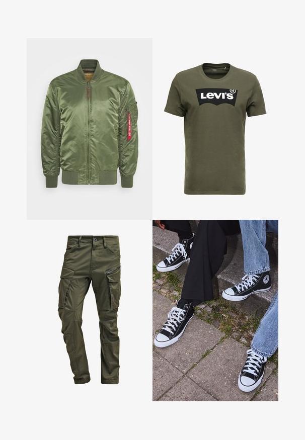 Olijfgroene bomberjack met satijnen afwerking, voorzien van een voorrits, geribbelde manchetten en een zijzak met een rood labeldetail.; Olijfgroen katoenen T-shirt met een groot zwart Levi's-logo op de voorkant. Klassieke ronde hals en korte mouwen, gladde textuur.; Olijfgroene cargobroek gemaakt van stevig katoen. Beschikt over meerdere zakken, een met rits afgesloten zijzak en taps toelopende pijpen met een licht getextureerde afwerking.; Zwarte canvas sneakers met hoge schacht, witte rubberen zolen en veters, met een cirkelvormig logo aan de zijkant, gecombineerd met denim en zwarte broeken.