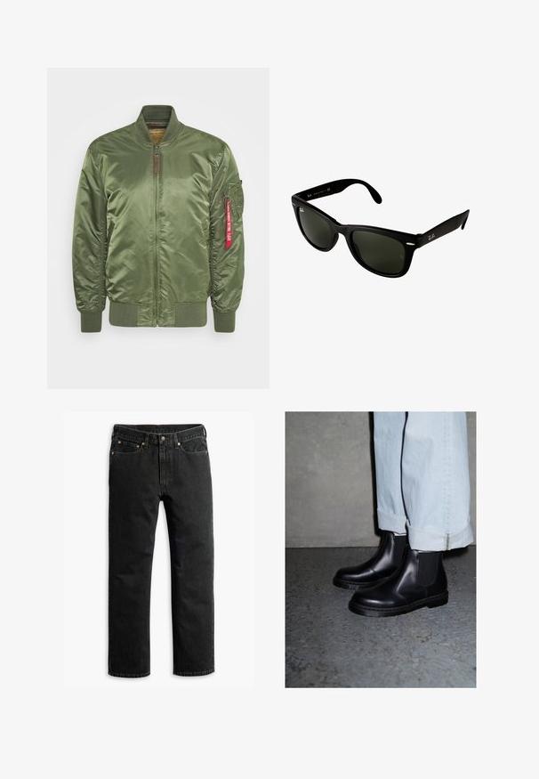 Olijfgroene bomberjack met satijnen afwerking, voorzien van een voorrits, geribbelde manchetten en een zijzak met een rood labeldetail.; Zwarte katoen t-shirt met korte mouwen, ronde hals en een relaxte fit. Soepele textuur en minimalistisch ontwerp, geen patronen of accenten.; Zwarte rechte spijkerbroek met vijf zakken, riemlussen en een knoopsluiting in de taille, plat gelegd op een witte achtergrond.; Zwarte leren Chelsea-boots met elastische zijpanelen en een gestructureerde rubberen zool, gecombineerd met lichtblauwe denim jeans met omslag.; Zwarte kunststof zonnebril met donkergroene lenzen. Het vierkante frameontwerp heeft zilveren accenten en een reliëflogo op de poot.