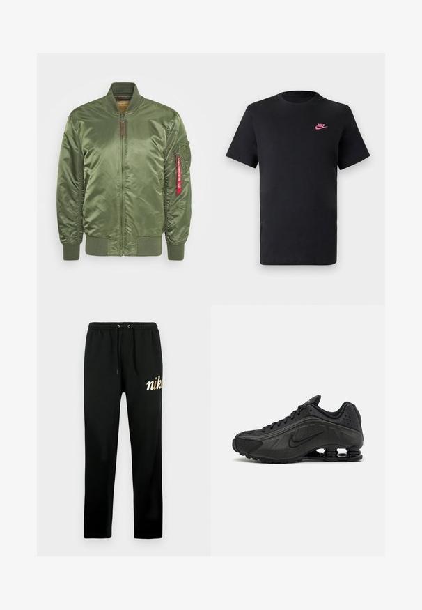 Olijfgroene bomberjack met satijnen afwerking, voorzien van een voorrits, geribbelde manchetten en een zijzak met een rood labeldetail.; Zwarte katoenen T-shirt met een ronde halslijn en korte mouwen. Bevat een roze Nike-logo aan de bovenkant aan de linkerzijde. Glad textuur.; Zwarte sweatpants van zachte stof, voorzien van een elastische tailleband met trekkoorden, taps toelopende pijpen en een goud geborduurd "nike"-logo.; Zwarte hardloopschoenen met een glad bovenwerk van synthetisch materiaal, geperforeerde accenten, gestructureerde zijpanelen en een opvallende veerkrachtige zool.