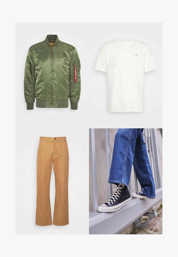 Giacca bomber verde oliva con finitura satinata, dotata di zip frontale, polsini a coste e tasca laterale con dettaglio etichetta rossa.; T-shirt bianca in cotone con scollatura rotonda, maniche corte e un piccolo logo nero "W.W." sul lato sinistro del petto. Tessuto liscio, vestibilità regolare.; Pantaloni cargo marroni realizzati in tessuto resistente, con tasche laterali, dettagli in metallo, gamba dritta e vita regolare.; Scarpe da ginnastica nere alte con suola e lacci bianchi, abbinate a jeans di denim blu larghi, appoggiate su un parapetto grigio.
