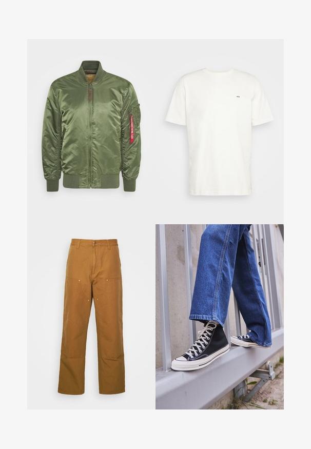 Bomber bunda v olivově zelené barvě s saténovým povrchem, s předním zipem, žebrovanými manžetami a boční kapsou s červeným štítkem.; Bílá bavlněná tričko s kulatým výstřihem, krátkými rukávy a malým černým logem "W.W." na levé straně hrudi. Hladký povrch, klasický střih.; Hnědé bavlněné pracovní kalhoty s rovnými nohavicemi, které mají přední kapsy a kovové detaily pro zvýšenou odolnost.; Černé vysoké tenisky s bílou podrážkou a tkaničkami, v kombinaci s volnými modrými džíny, odpočívající na šedém zábradlí.