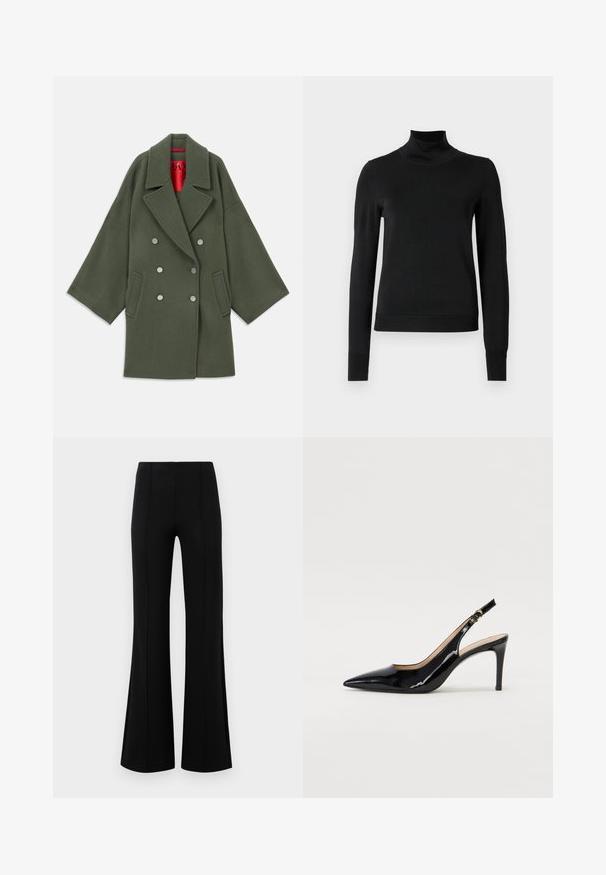 Oliivroheline mantel pehmest villasegust, millel on lai krae, kahekordne hõbedane nööpide rida ja küljetaskud. Punane vooder.; Mustmusterta mustaga pikkade varrukatega kõrge kaelusega sviiter, millel on ribakudumisega mansetid ja äär, esitatud lihtsal valgel taustal.; Mustad põlvpüksid kõrge vöökohaga, valmistatud venivast kangast. Esiküljel on vertikaalsed õmblusdetailid ja sile tekstuur.; Must hõbedavärvi patendiga slingback kontsakingad terava varbaga, kitsas konts ja peene lõikega disain. Statistika on kuldne pandla rihmal.
