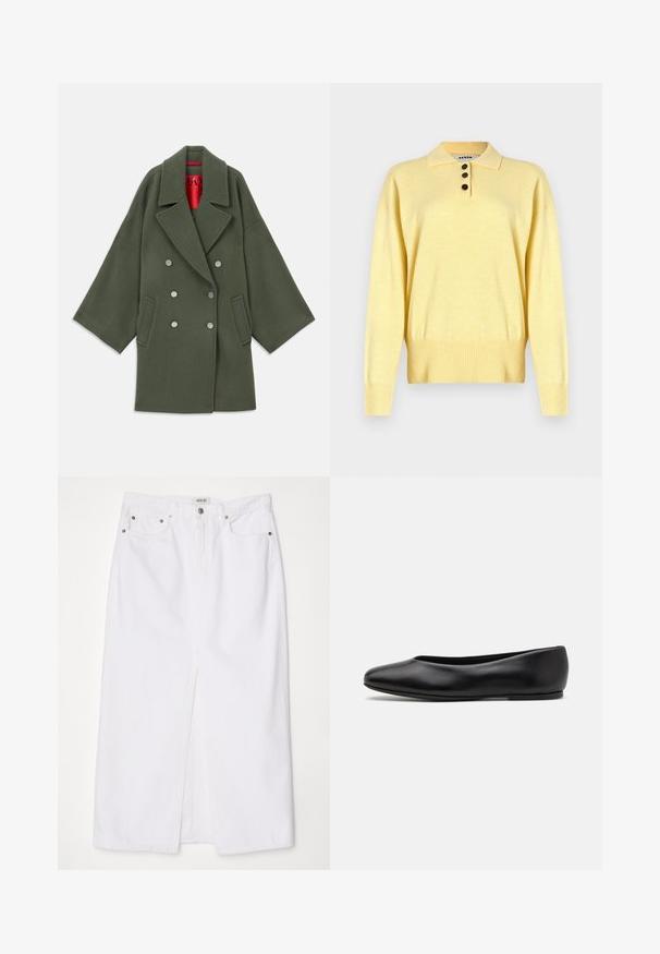 Olijfgroene jas in een zachte wolmix, met een brede kraag, dubbelknopen met zilveren knopen en zijzakken. Rode voering.; Geel gebreide poloshirt met een kraag, voorzien van drie donkere knopen, een geribde zoom en lange mouwen, gemaakt van zacht materiaal.; Witte spijkerrok met een voorklep, vijf-pocket ontwerp, metalen knop- en ritsluiting, en gestikte zoomdetails.; Paul Smith TOPANGA - Ballerina's - black