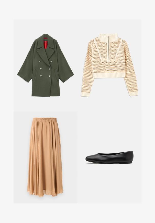 Maslinasto zelena jakna od mekanog vune, s širokim ovratnikom, dvostrukim srebrnim dugmadi i bočnim džepovima. Crvena podstava.; Svijetlo bež skraćeni džemper s rajsferšlusom i visokom ovratnikom, s teksturiranim uzorkom i rebrastim rukavima i rubom. Kombinira pletivo i tkaninu.; Maxi suknja u svijetloj bež boji, napravljena od lagane tkanine. Ima naboran elastičan pojas i mekane nabore za slobodu kretanja.; Paul Smith TOPANGA - Balerinke - black