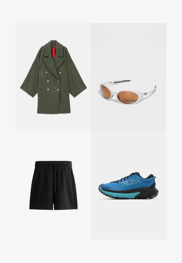Olivnozeleni plašč iz mehkega volnenega materiala, z širokim ovratnikom, dvojnimi srebrnimi gumbi in stranskimi žepi. Rdeča podloga.; Bela bombažna majica s kratkimi rokavi, okroglo izrezana, sproščenega kroja, v kombinaciji z zelenimi kratkimi hlačami. Gladka tekstura, brez vidnih vzorcev ali detajlov.; Črne kratke hlače iz mehke tkanine, s elastičnim pasom in vrvico, stranskimi žepi in preprostim, poenostavljenim designom.; Modre tekaške čevlje z črnimi detajli, ki imajo teksturirano zgornji del, oblazinjen ovratnik in debel črn ter turkizen srednji podplat z Vibram podplatom.; Bele sončna očala z rjavimi lečami, ovalne oblike, narejena iz gladkega plastike, z sivo akcenti na ročajih in logotipom na okvirju.