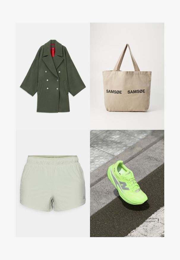 Olive green coat in a soft wool blend, featuring a wide collar, double-breasted silver buttons, and side pockets. Red inner lining.; Long-sleeve light green shirt made from textured fabric, featuring a round neckline and a small logo on the left chest area.; Light green athletic shorts made of breathable fabric, featuring a perforated texture and elastic waistband. Logo printed on the side.; Bright neon green New Balance running shoe resting on textured pavement near a tactile walking surface and curb edge.; Beige canvas tote bag with two black printed "SAMØE" logos. Features sturdy beige shoulder straps and a simple, unstructured design.