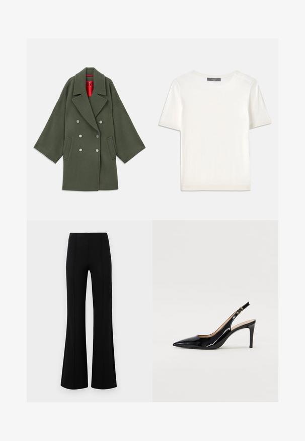 Olíva zöld kabát puha gyapjú keverékből, széles gallérral, dupla gombos ezüst gombokkal és oldalsó zsebekkel. Piros bélés.; Fehér, rövid ujjú kötött felső, kerek nyakkivágással, sima textúrával és diszkrét bordázott részletekkel az ujjain és az alján.; Fekete, flared nadrág magas derékkal, rugalmas anyagból készült. Elölnézetén függőleges varrásokkal rendelkezik, sima textúrával.; Fekete lakk bőr kötött magassarkú cipő, hegyes orral és karcsú sarokkal, finom kivágásos dizájnnal. Az övön arany csatt található.