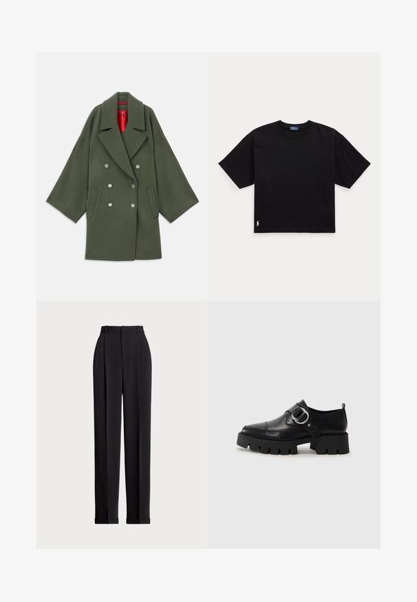 Olijfgroene jas in een zachte wolmix, met een brede kraag, dubbelknopen met zilveren knopen en zijzakken. Rode voering.; Zwarte katoenen T-shirt met korte mouwen, ronde hals en een klein wit logo op de linker benedenkant. Klassieke, rechte pasvorm met minimale details.; Zwarte op maat gemaakte broek met een hoge taille, voorzien van plooien aan de voorkant, een recht gesneden ontwerp en een omslagrand. Gemaakt van een soepele stof.; Zwarte leren schoenen met een robuuste, geribbelde zool, voorzien van een ronde zilveren hardwareaccent en minimale stikdetails.
