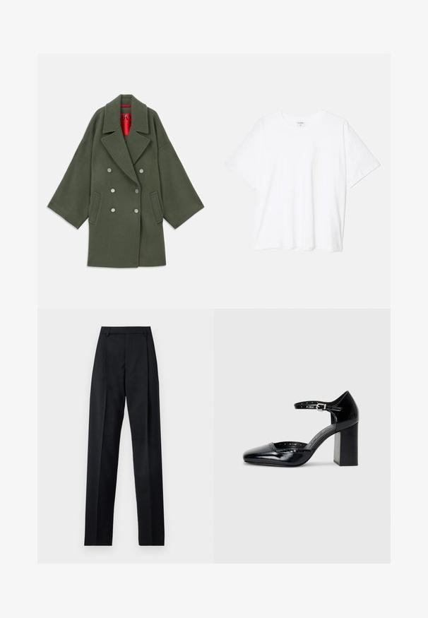 Olivovo zelený kabát z mäkkej vlnenej zmesi, s širokým golierom, dvojradovým strieborným gombíkom a bočnými vreckami. Červená vnútorná podšívka.; Biely bavlnený tričko s krátkymi rukávmi, okrúhlym výstrihom, voľným strihom a prešitým lemom. Štítok viditeľný na vnútornom krku.; Čierne nohavice vyrobené z hladkej látky s vysokým pásom, širokými nohavicami, prednými záhybmi a klasickými pútkami na opasok. Žiadne bočné vrecká nie sú viditeľné.; Čierne lakované dámske topánky na vysokom opätku so štvorcovou špičkou, remienkom okolo členku a masívnym opätkom. Obsahuje perforované detaily pozdĺž lemu.