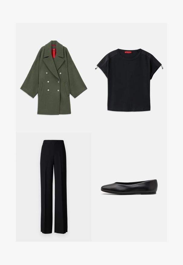 Olive green coat in a soft wool blend, featuring a wide collar, double-breasted silver buttons, and side pockets. Red inner lining.; Black cropped t-shirt with round neck. Features soft fabric with satin panels on shoulders and drawstring details at the sleeves.; Black wide-leg trousers with a smooth texture, featuring a high waistband and center pleats. No visible patterns or hardware details.; Paul Smith TOPANGA - Ballet pumps - black