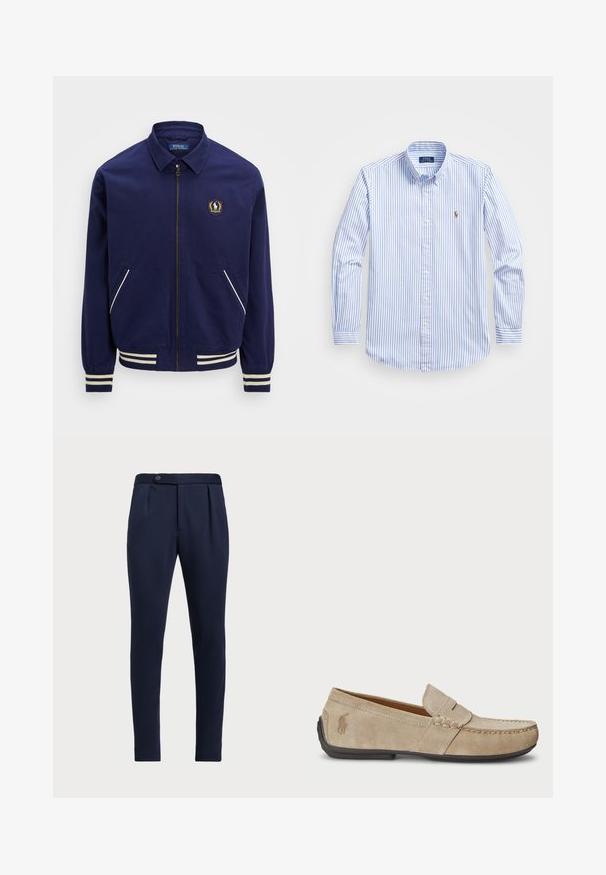 Jūras spēku bumbvedēja jaka ar rāvējslēdzēju, ribotu piedurkņu galiem un divām sānu kabatām. Satur logo uz krūšu daļas un baltas svītras akcentiem.; Gai zilo un baltu svītrotu krekla ar pogām, klasiskām apkaklēm, garām piedurknēm un mazu izšūtu logo uz krūtīm.; Tumši zila piegriezuma bikses ar plakanu priekšpusi, diviem priekšējiem izgriezumiem un vienu pogu, ar gludu, teksturētu audumu.; Beige zamšveida loaferi ar izšūtu detaļu, platu gumijas zoli un mazu logo sānos. Klasisks viegli uzvelkamais dizains, mīksta tekstūra.