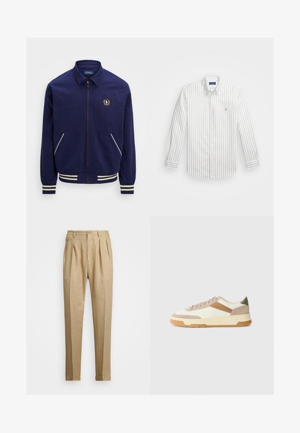 Jūrininkų bombonešio striukė su užtrauktuku, banguotais rankogaliais ir dviem šoninėmis kišenėmis. Yra logotipo pleistras ant krūtinės ir baltos juostelės akcentai.; Balta marškiniai su šviesiai mėlynomis vertikaliomis juostelėmis, ilgomis rankovėmis, priekyje suknelėmis ir mažas siuvinėjimas kairėje krūtinės pusėje.; Bežinės lininės kelnės tiesaus kirpimo, turinčios dvi priekinės klostes, sagų užsegimą ir šonines kišenes. Tekstūruotas audinys su lygiu paviršiumi.; Bežiniai, kreminiai ir alyviniai sportbačiai, pagaminti iš zomšos ir odos, su apvaliu pirštu, minimalistiniu dizainu ir guminėmis padangomis.