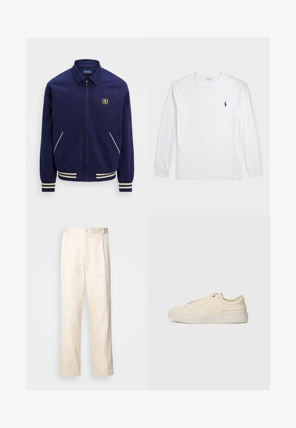 Corta-vento marinho com fecho éclair, punhos canelados e dois bolsos laterais. Apresenta um patch de logotipo no peito e detalhes em riscas brancas.; Camisola de manga longa branca feita de algodão. Apresenta um decote redondo, punhos canelados e um pequeno logótipo de polo azul-marinho no lado esquerdo do peito.; Calças de algodão bege com corte reto, apresentando um fecho de botão e pregas na frente para um detalhe adicional.; Sneakers de pele bege com biqueira arredondada, design minimalista, detalhes de costura subtis e parte superior texturizada, em sola clara.