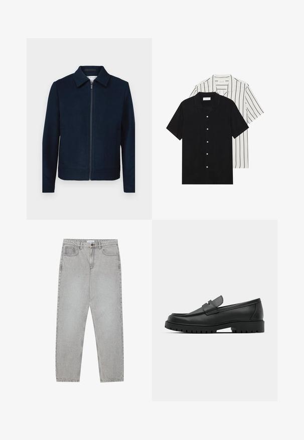 Laivaston sininen zip-up takki, jossa on kauluskka. Valmistettu sileästä kankaasta. Ominaisuuksiin kuuluu sivutaskut ja siisti, minimalistinen muotoilu.; Kaksi lyhythihaista puseroa: yksi yhtenäinen musta, toinen valkoinen mustilla pystyraitoilla. Molemmissa on napitus ja klassinen kaulus.; Vaaleanharmaat farkut, joissa on suora lahje, viisi taskua ja nappisulku. Saumojen varrella näkyvä ompelu.; Musta nahkaloafers, joissa on pyöreä kärki, ommeltu pinta, matala alusta ja kuvioitu, kuminen ulkopohja.