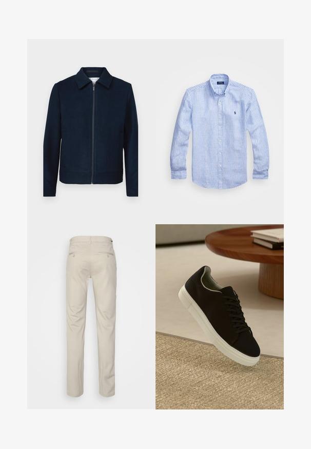 Tamsiai mėlynas užtrauktukas džemperis su apykakle, pagamintas iš lygaus audinio. Yra šoninės kišenės ir švarus, minimalistinis dizainas.; Mėlynos ir baltos dryžuotos ilgomis rankovėmis medvilninė marškiniai, turintys sagtelę ant apykaklės, priekinius mygtukus ir mažą išsiuvinėtą logotipą krūtinėje.; Bežinės kelnės su lygia tekstūra, tiesiu pjūviu, dviem užpakalinėmis kišenėmis su sagomis ir standartine juosmena.; Juodas sportinis batelis su baltu padu, lekiančius virš smėlio spalvos tekstūruoto kilimo šalia apvalaus medinio stalo su sukrautomis knygomis.