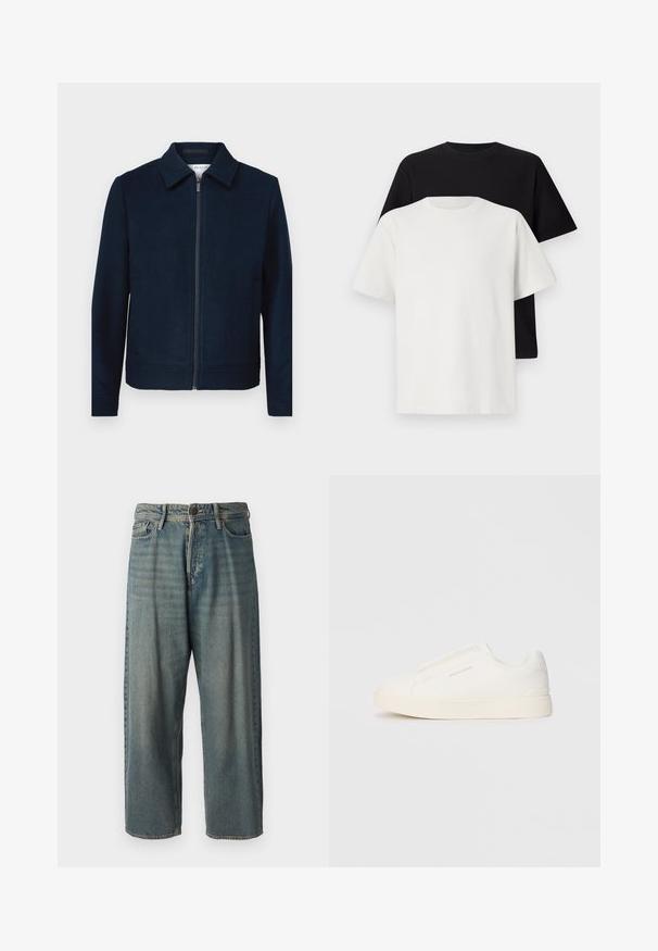 Tumesinine lukuga jakk, millel on kraega kaelus, valmistatud siledast kangast. Omab küljetaskuid ja puhtat, minimalistlikku disaini.; Puuvillane t-särkide komplekt, mis sisaldab musta ja valget särk, mõlemad lühikeste varrukatega, ümmarguse kaelusega ja standardse lõikega. Tekstuuriga kangas.; Heledad sinine denim-stiilis teksad, volüümse lõike, keskmise kõrgusega talje ja sirgete säärega. Omab viit taskut, vöökumme ja nööpide sulgemist.; Valged libisemiskindlad tossud tekstuuriga pinnaga, paksu tallaga ja minimalistikus disainis. Küljel on brändi logo.