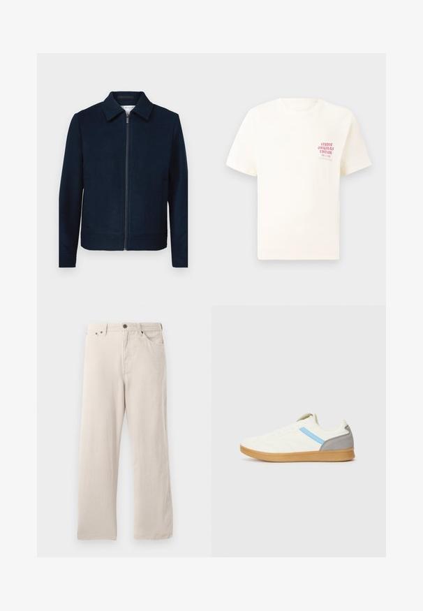 Námornícky zipsový kabát s golierom, vyrobený z hladkej tkaniny. Obsahuje bočné vrecká a čistý, minimalistický dizajn.; Biele tričko s krátkym rukávom s červeným textom "Studio Originals Edition" na ľavej hrudi, zobrazené na neutrálnom šedom pozadí.; Béžové kordové nohavice s rovný strihom, s ryhovanou textúrou, päť vreckami a zapínaním na gombíky.; Tenisky s krémovým zvrškom, modrým bočným prúžkom a šedým akcentom na päte. Majú textúrovaný dizajn a gumovú podrážku.