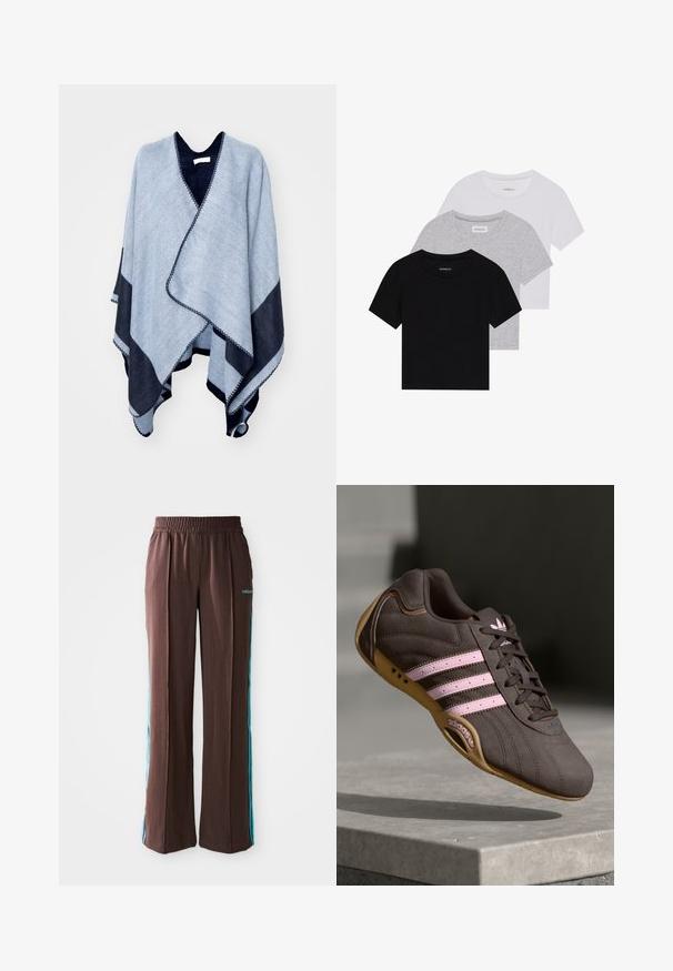 ONLY ONLVERIKA - Poncho - night sky; Conjunto de tres camisetas de manga corta en negro, gris y blanco. Están hechas de algodón, cuentan con cuello redondo y un diseño simple de un solo color.; Pantalones deportivos marrones con textura acanalada, cinturilla elástica y rayas laterales turquesas. Presenta el logo de adidas en la parte frontal.; Zapatilla deportiva de ante marrón con rayas y logotipo en rosa, con parte superior texturizada, cierre de cordones y suela de goma.