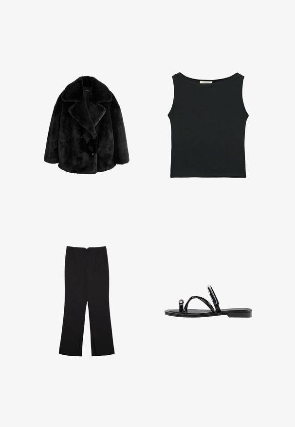 Schwarzer Kunstpelzmantel mit breitem Reverskragen, doppelreihigem Design und zwei großen, runden Knöpfen. Weicher Stoff und oversized Passform.; Schwarzes ärmelloses Oberteil aus glattem Stoff, mit einem runden Ausschnitt und einer figurbetonten Passform, ohne sichtbare Muster oder Verzierungen.; Schwarze Hose mit geradem Schnitt, ausgestattet mit Fronttaschen und Seitenschlitzen am Saum. Hergestellt aus weichem, glattem Stoff. Geeignet für verschiedene Anlässe.; Schwarze flache Sandalen mit glänzender Oberfläche, drei dünnen Riemen und einem runden Hardware-Detail an den Zehen. Elegantes Design mit einem minimalen Absatz.