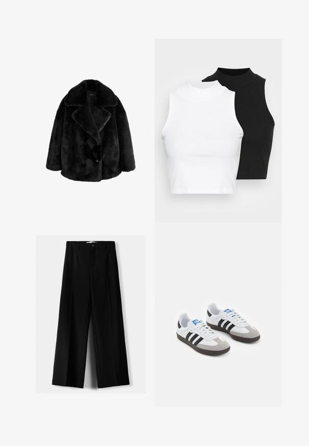 Cappotto in pelliccia sintetica nera con ampio colletto a risvolto, design doppiopetto e due grandi bottoni rotondi. Texture morbida e vestibilità oversize.; Due top in maglia senza maniche, a collo alto, in nero e bianco, con un design aderente e una superficie liscia, di lunghezza cropped.; Pantaloni neri a gamba larga realizzati in tessuto leggero, caratterizzati da una chiusura frontale con bottone e frontale piatto, con orli cuciti con precisione.; Scarpe sportive con tomaia in pelle bianca, punta in suede grigia e tre strisce nere. Presentano un logo blu sulla linguetta e una suola in gomma testurizzata.