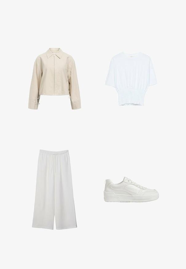 Beige cropped jakke med spredt krave, frontlynlås og lange ærmer. Har justerbare snøre detaljer i kanten.; Hvid kortærmet T-shirt med afslappet pasform og smocked tekstur ved taljen. Lavet af blødt, letvægtsstof.; Hvide vidde bukser lavet af letvægtsstof, med en elastisk talje og snøre for justerbar pasform. Glat tekstur.; Hvide lædersneakers med glat tekstur, polstret ankeldel og perforeret tå. Har en let hævet gummisål og snørebåndsdesign.