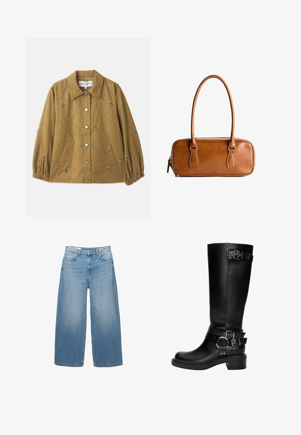 Prošívaná olivově zelená bunda s vyšívanými květinovými detaily, stříbrnými patentkami a nařasenými manžetami. Dvě boční nášivkové kapsy.; Šedý pletený kardigan s kulatým výstřihem, spadlými rameny, zapínáním na knoflíky a žebrovanými manžetami na rukávech a spodním lemu.; PULL&BEAR Top - white; Světle modré džíny s širokými nohavicemi vyrobené z denimu, s klasickým pětispotkovým designem a zapínáním na knoflík. Vybledlý vzhled po celém povrchu.; Černé kožené kozačky do výšky kolen mají zaoblenou špičku, nízký podpatek a několik dekorativních popruhů se stříbrnými přezkami a akcenty.; Hnědá kožená kabelka s dvěma dlouhými uchy, obdélníkového tvaru, hladkého povrchu, zipovým uzávěrem a akcenty z stříbrného tónu.