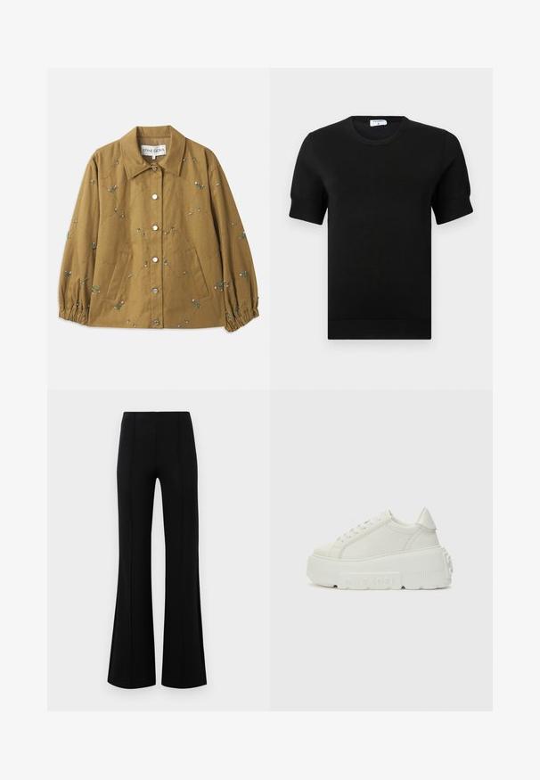 Klāts ar olīvzaļas krāsas pildījumu, ar izšūtiem ziedu motīviem, sudraba pogām un sakrauta piedurkņu malām. Divas sānu kabatas.; Melnas īsām piedurknēm adīts tops ar apaļu izgriezumu. Piedurkņu un apakšmalas daļā ir smalkas ribota raksta detaļas, izgatavots no gludas auduma.; Melnas platas bikses ar augsto jostasvietu, izgatavotas no elastīga auduma. Satur vertikālas šuvju detaļas priekšpusē un gludu tekstūru.; Baltas platformas sporta apavus, izgatavotus no gludas ādas, ar noapaļotu purngalu, biezu zoli ar teksturētu rakstu un diskrētu zīmolu uz sāniem.