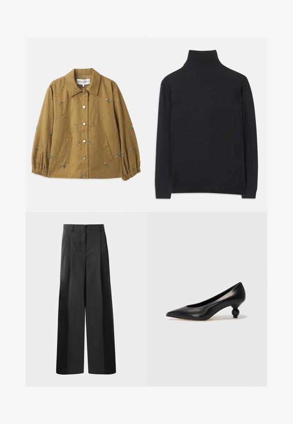 Quilted olive-green jacket with embroidered floral details, silver snap buttons, and gathered sleeve cuffs. Two side patch pockets.; Black turtleneck sweater made of soft fabric. Features long sleeves, a high neck, and ribbed cuffs and hem for a fitted look.; Black wide-leg trousers with a high waist, featuring front pleats, a smooth texture, and a tailored finish. Designed for a relaxed fit.; Black leather high heel shoe with a pointed toe and a round, balled heel. Smooth texture with a sleek, minimal design.