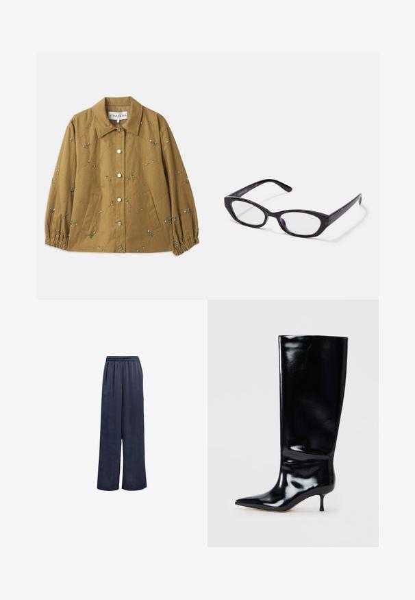 Tikkeline oliiviroheline jakk, millel on tikitud lillemotiivid, hõbedased nööbid ja kokkutõmmatud varrukaotsad. Kaks külgmist lisataskut.; Tumed, kreemja ja beeži triibuline flanellipaita. Omab kraed, nupukinnitust, pikki varrukaid ja ühte rinna taskut. Pehme tekstuur.; Tumed laiad püksid, mis on valmistatud siledast kangast, elastse vöökohaga ja ilma nähtava metallist detailita. Omavad vaba lõikega ja täispikkust.; Knee-high musta nahkpüksid läikiva viimistlusega, terava toe ja kitsaste kontsadega. Sile tekstuur minimaalsete disainidetailidega.; Kassi silmadega prillid läikiva tumeda kilpkonnakilbi plastraamiga, millel on kaarjad käed ja selged läätsed. Minimalistlik bränding küljel.