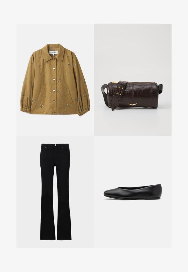 Pikowana oliwkowa kurtka z haftowanymi detalami kwiatowymi, srebrnymi zatrzaskami i marszczonymi mankietami. Dwie boczne kieszenie naszywane.; Długi rękaw, jasnobeżowa bluzka z okrągłym dekoltem. Wykonana z miękkiego materiału, posiada centralny szew oraz lekko zaokrąglony dół. Brak widocznych elementów metalowych.; Czarne dzwony z denimu, z dwoma przednimi kieszeniami, zapięciem na guzik i gładką fakturą. Widoczne charakterystyczne szycie na szwach.; Paul Smith TOPANGA czarny; Brązowa torba ze skóry z tłoczeniem krokodyla w kształcie cylindrycznym, z metalowymi elementami w kolorze złotym oraz odczepianym paskiem z ćwiekami.