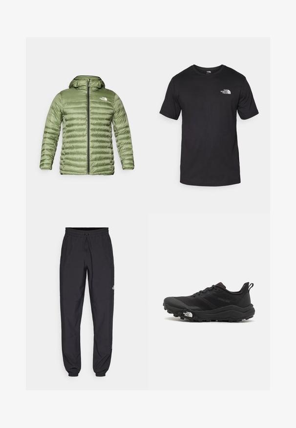 Olive green puffer jacket with a hood, featuring a quilted design, zipper closure, and logo accent on the upper left side.; Black short-sleeve t-shirt made of cotton, featuring a round neckline and a small white logo on the upper left chest area.; Black athletic pants made from lightweight fabric, featuring a drawstring waistband, side pockets, and tapered cuffs at the ankles.; Black trail running shoe with a textured upper, rubber sole, and reinforced toe cap. Features a padded collar and pull tab for easy wear.